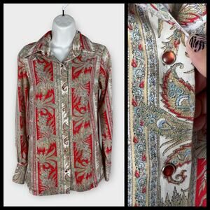 Vintage 70's Dagger Collar Red Paisley Pearl Snap Western Womens Shirt Small